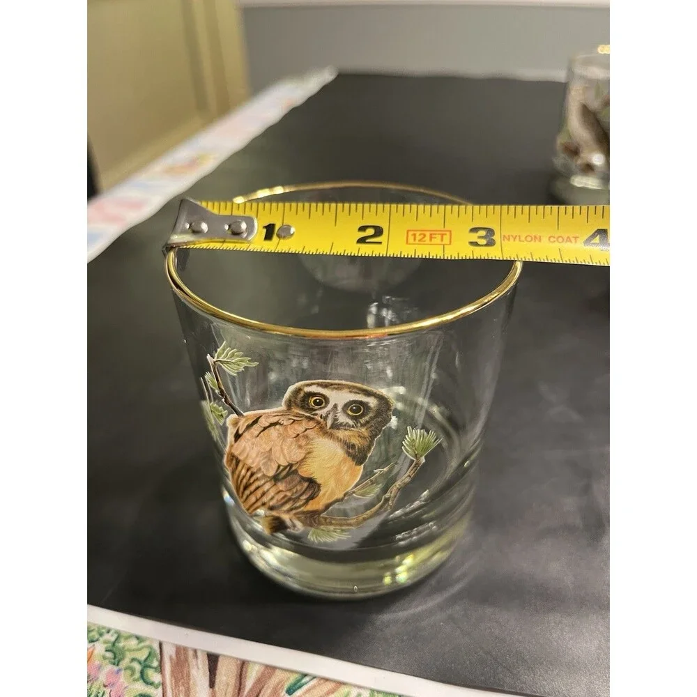 4pc MCM Owl on Branch Gold Rim Tumbler Old Fashion Glasses
